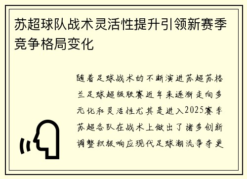 苏超球队战术灵活性提升引领新赛季竞争格局变化 苏超球队战术灵活性提升引领新赛季竞争格局变化